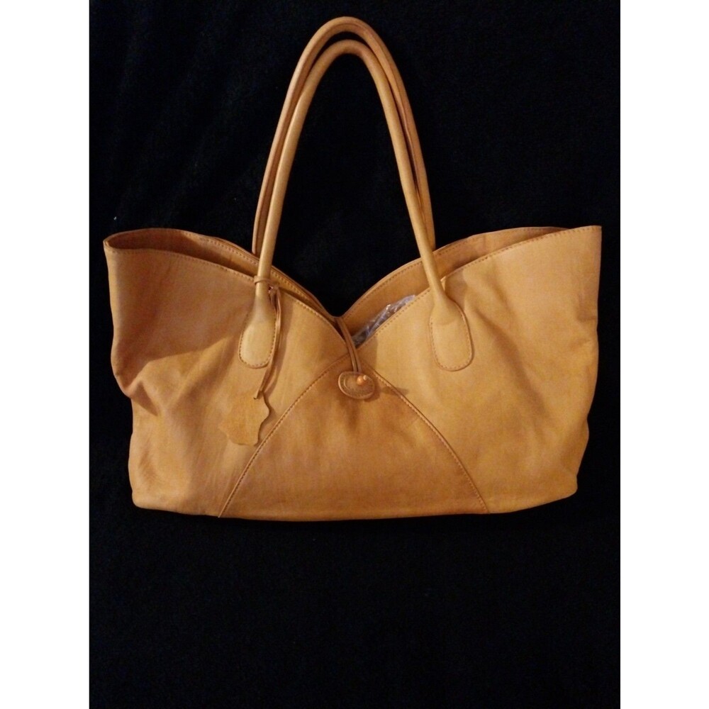 Coldwater Creek Womens Tan Cognac Leather Boho Hobo Shoulder Tote Bag Large